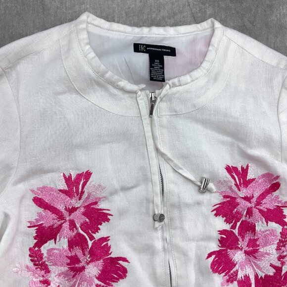 INC Jacket Women XSmall‎ White Pink Floral Embroidery Linen Zip Blouson Casual - Picture 2 of 11